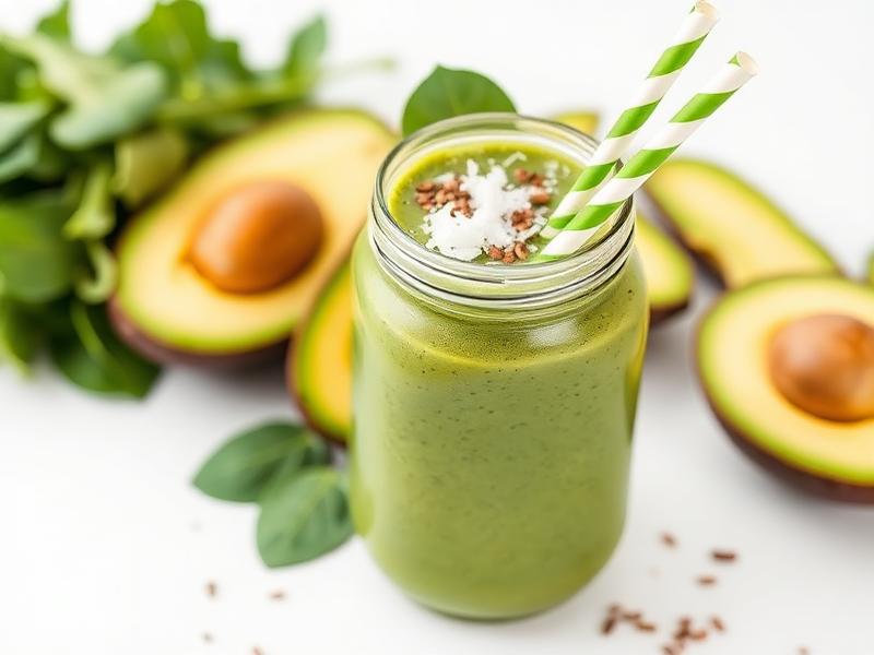 Green smoothie with avocado in background