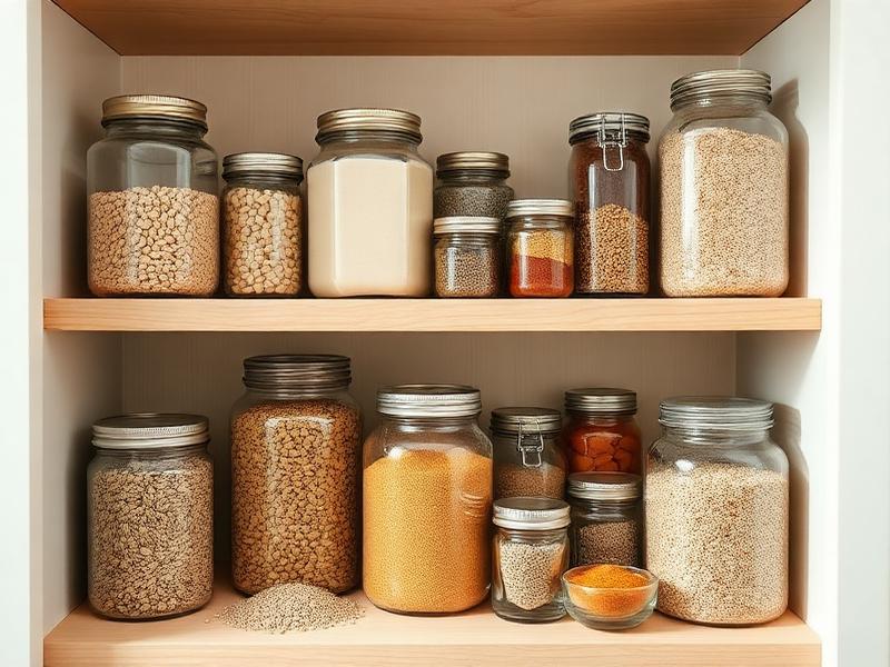 Organized pantry shelves with jars